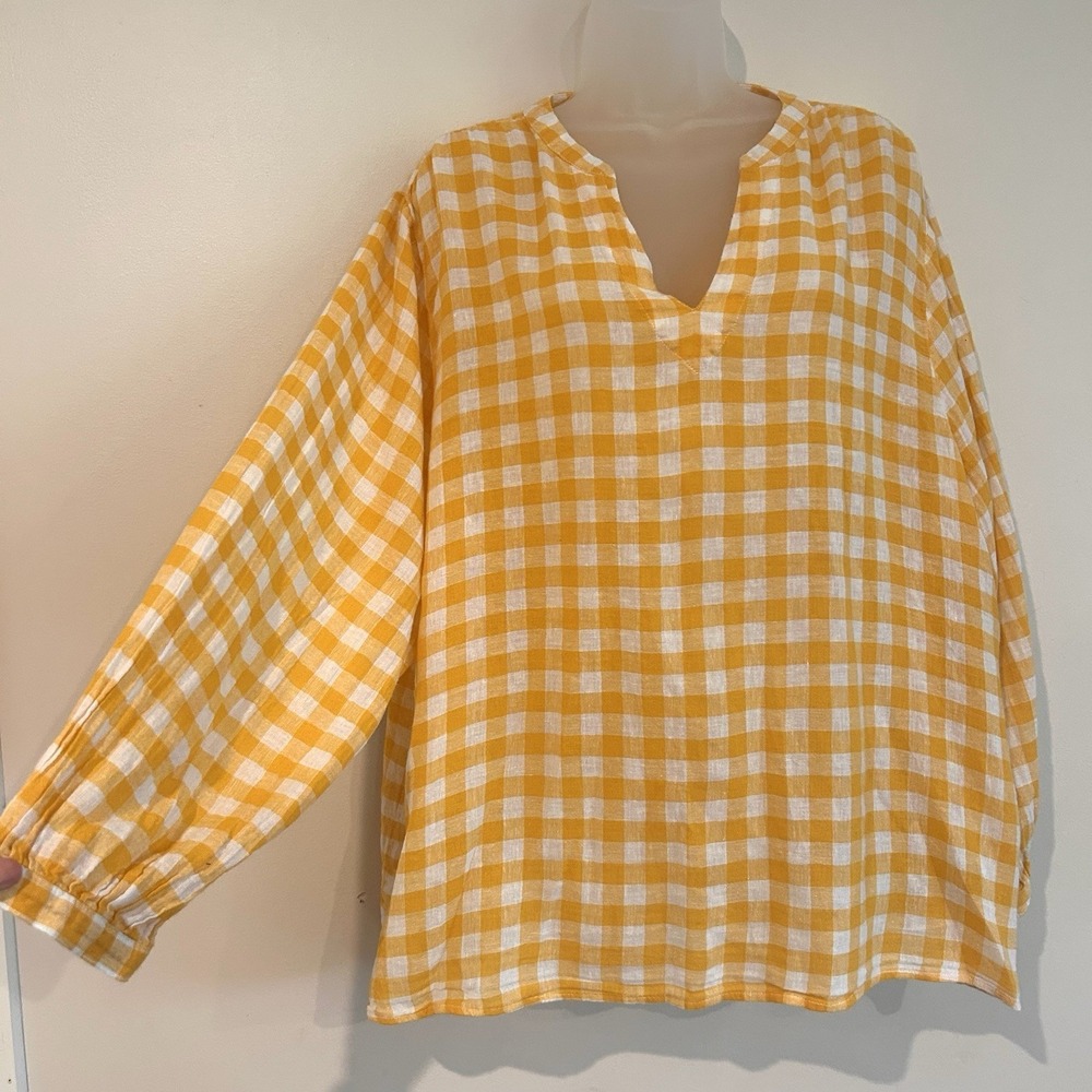 Old Navy Linen Blend Blouse Size XL Yellow White Gingham Check Long Sleeve